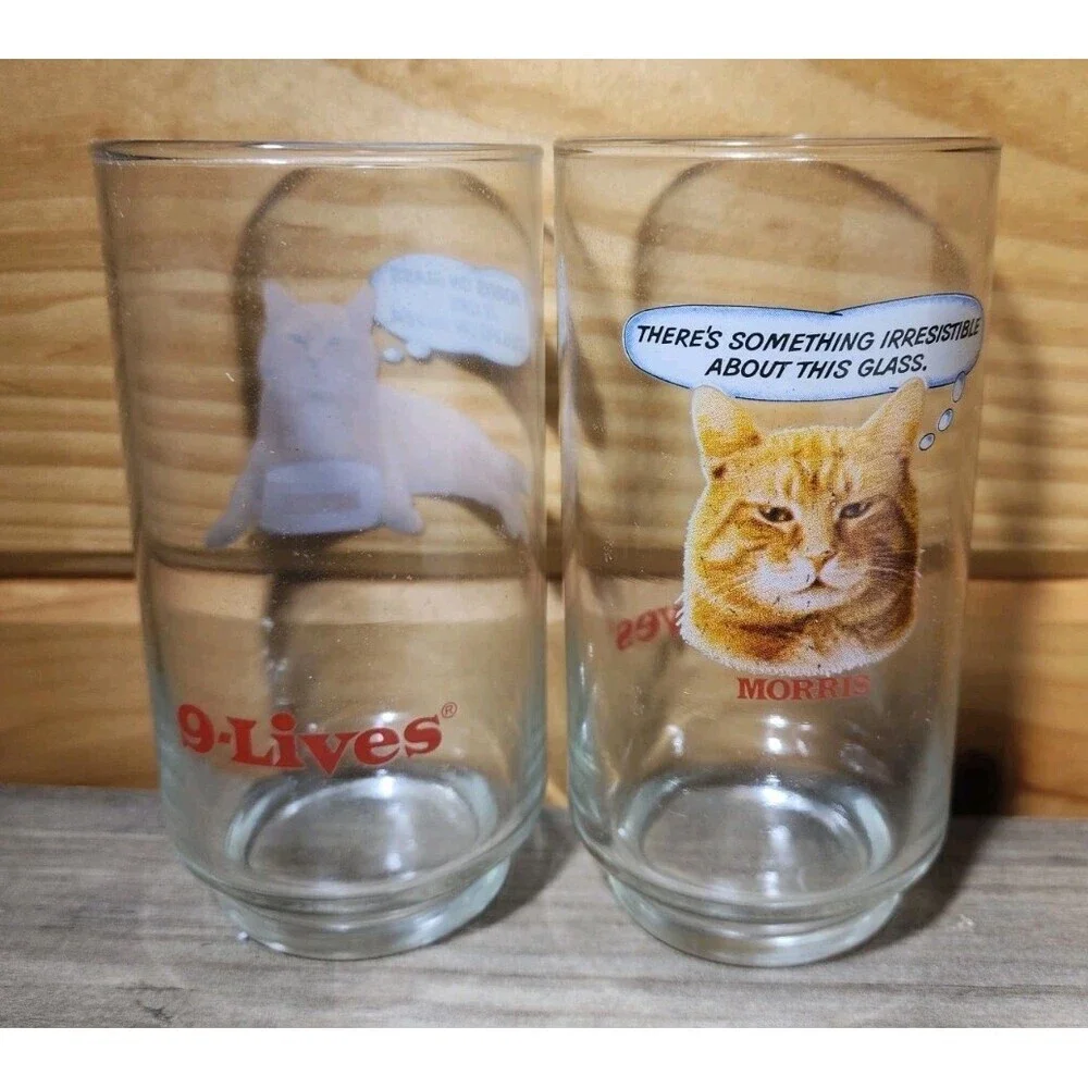 1981 Morris The Cat Nine Lives sets Vintage  NEW Promo 2 Glasses Orange Cat